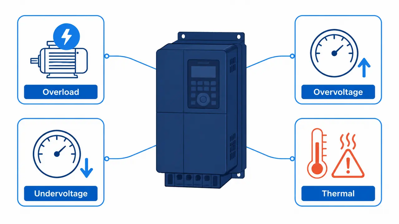 מהן ההגנות החשובות בממיר תדר (Overload, Overvoltage, Undervoltage, Thermal)