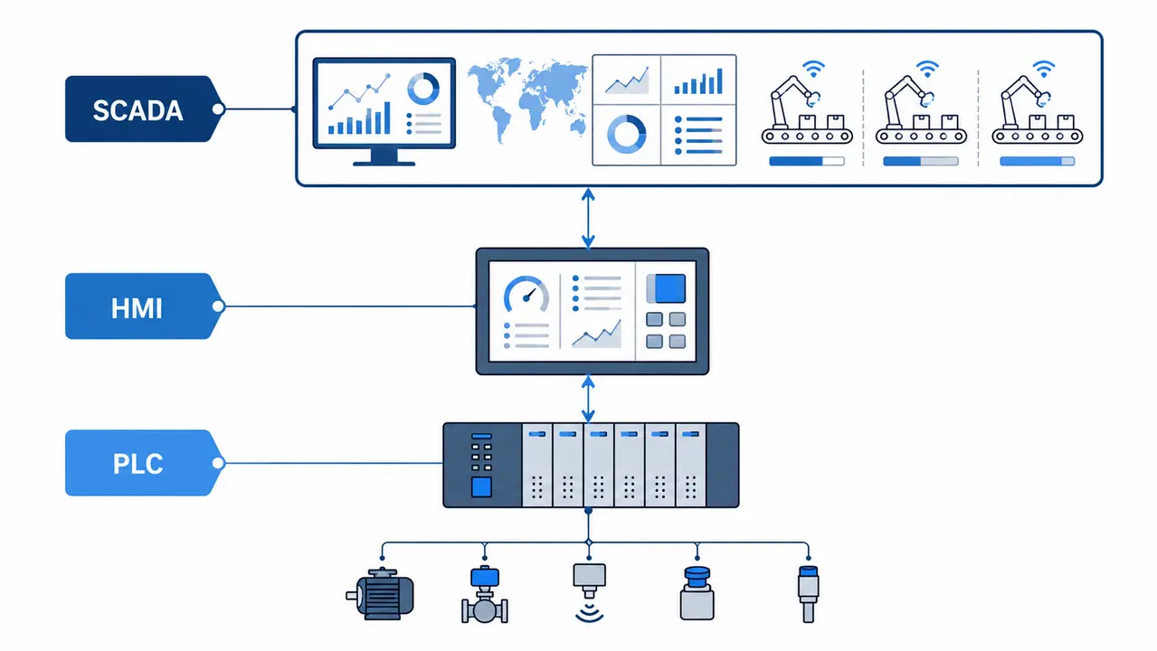 מה ההבדל בין PLC, HMI ו-SCADA (ואיך הם עובדים יחד)?